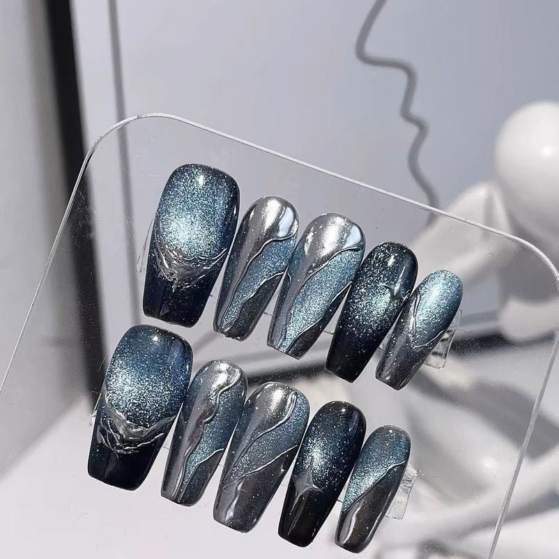 Mercurial Abyss Press On Nails - Liquid Chrome Cat Eye & Sapphire Mirror (10Pcs)
