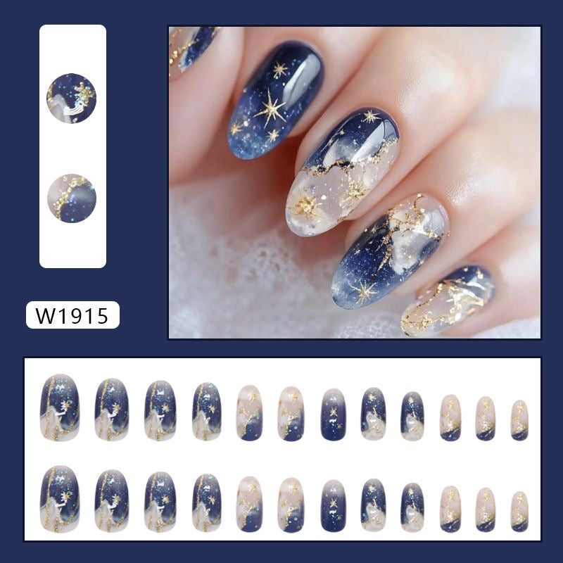 Glacial Aura Press On Nails - Icy Blue Watercolor Marble & Crystal Clarity (24Pcs)