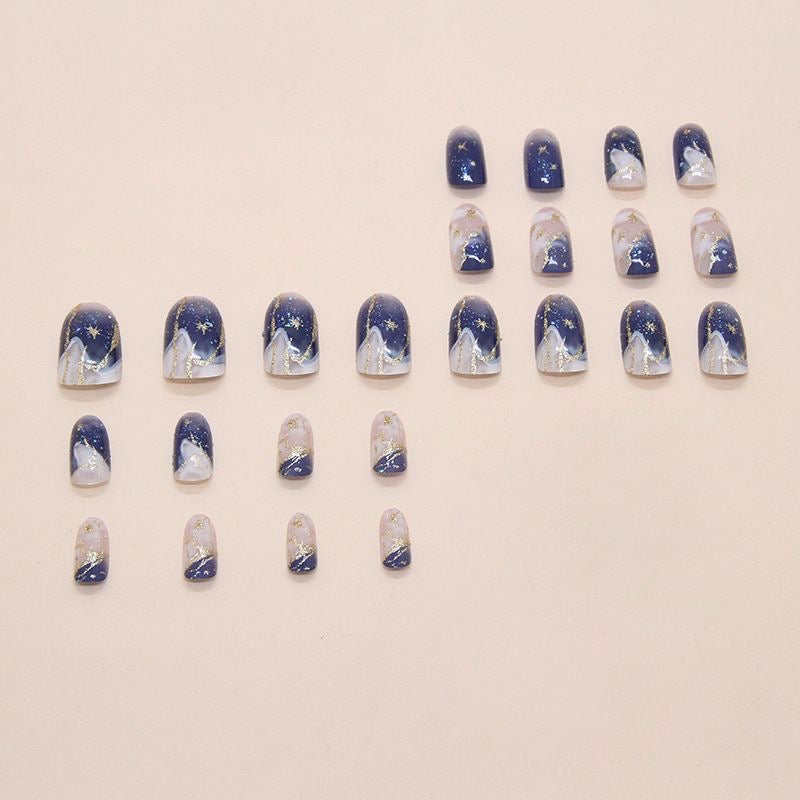 Glacial Aura Press On Nails - Icy Blue Watercolor Marble & Crystal Clarity (24Pcs)