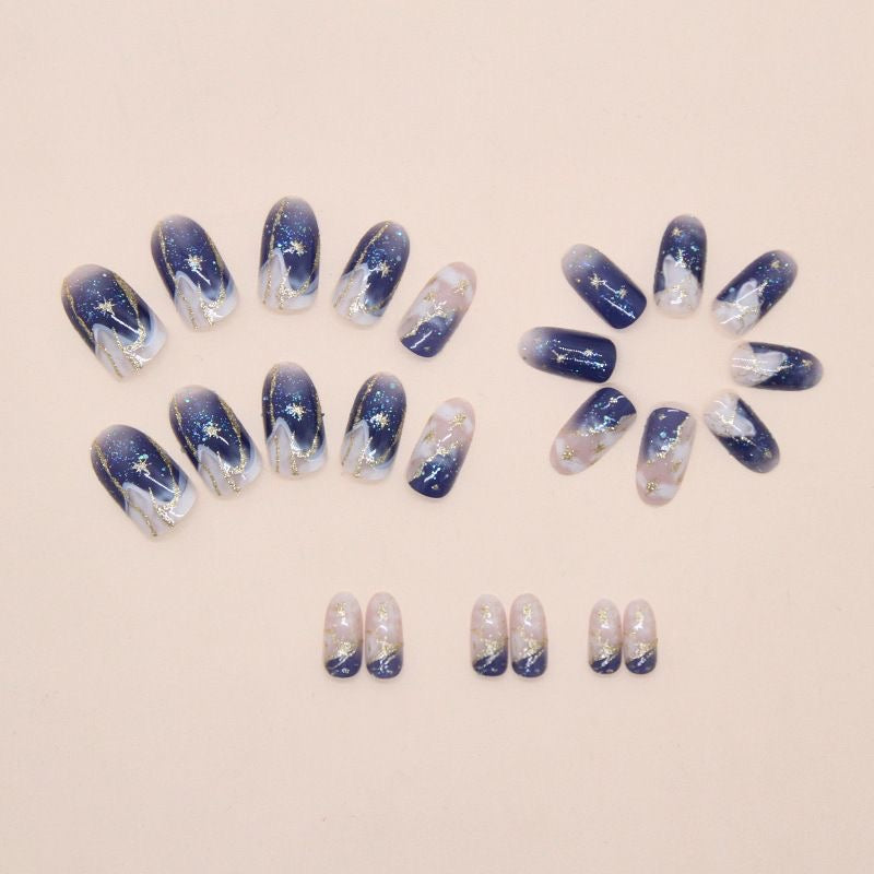 Glacial Aura Press On Nails - Icy Blue Watercolor Marble & Crystal Clarity (24Pcs)