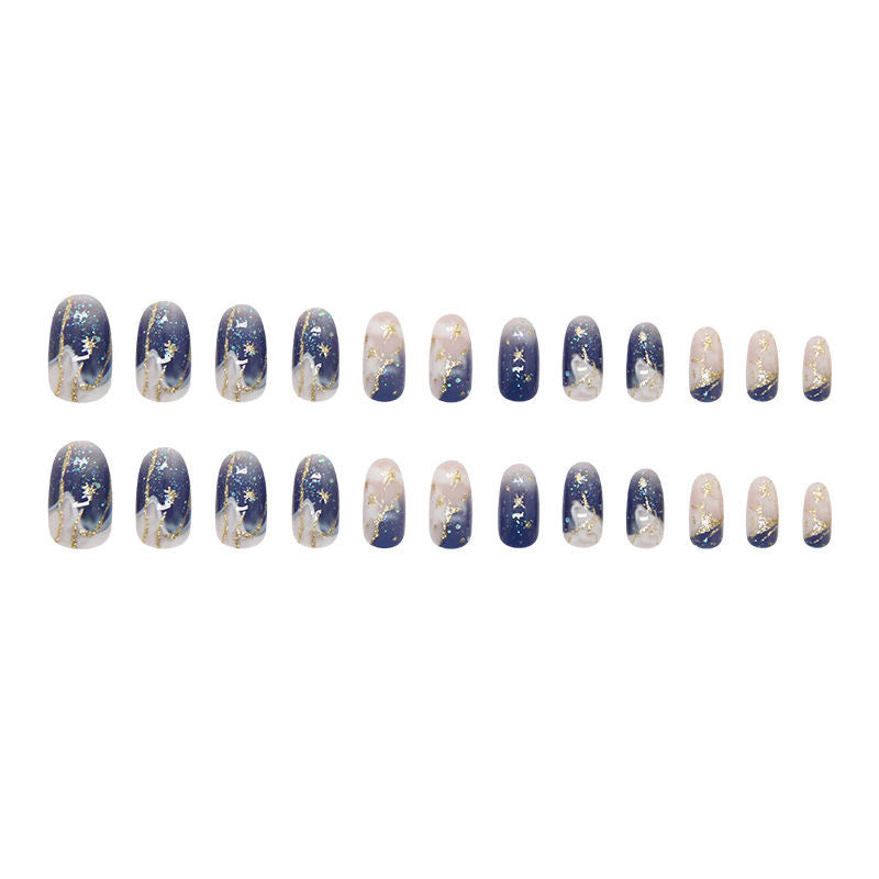 Glacial Aura Press On Nails - Icy Blue Watercolor Marble & Crystal Clarity (24Pcs)