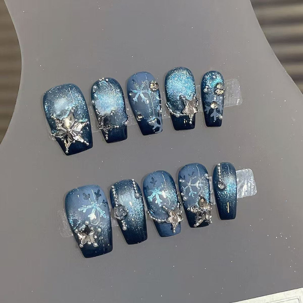 Icebound Aurora Press On Nails - Cat Eye & Icy Snowflake Motifs (10Pcs)