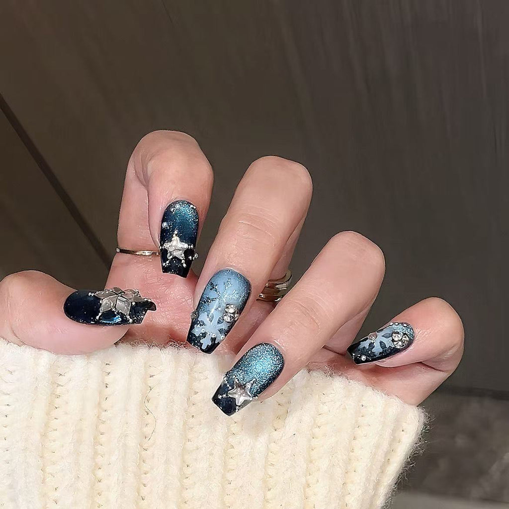 Icebound Aurora Press On Nails - Cat Eye & Icy Snowflake Motifs (10Pcs)