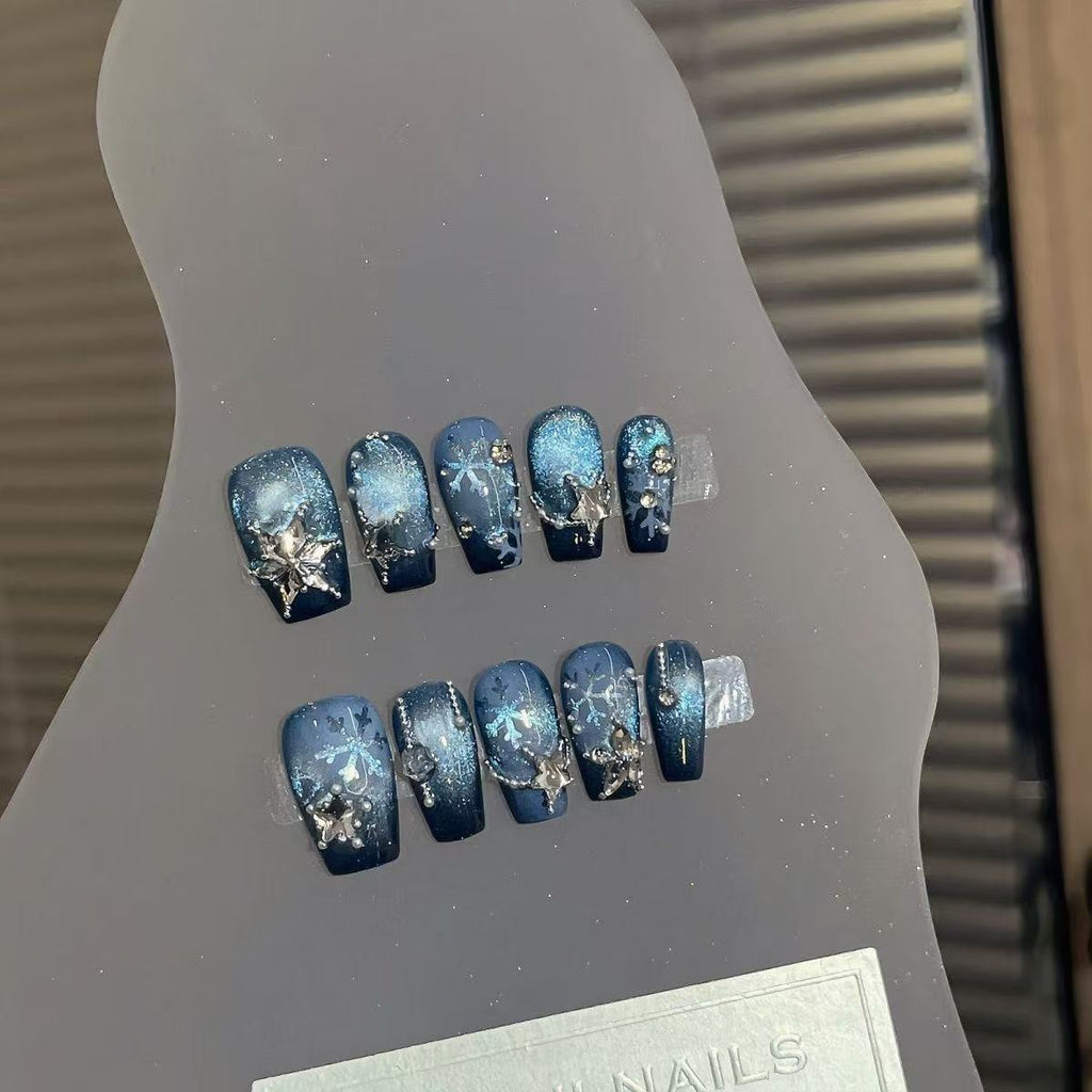 Icebound Aurora Press On Nails - Cat Eye & Icy Snowflake Motifs (10Pcs)