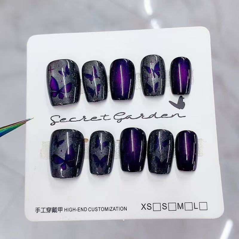 Midnight Morpho Press On Nails - Iridescent Cat Eye & Dark Butterfly Wings (10Pcs)