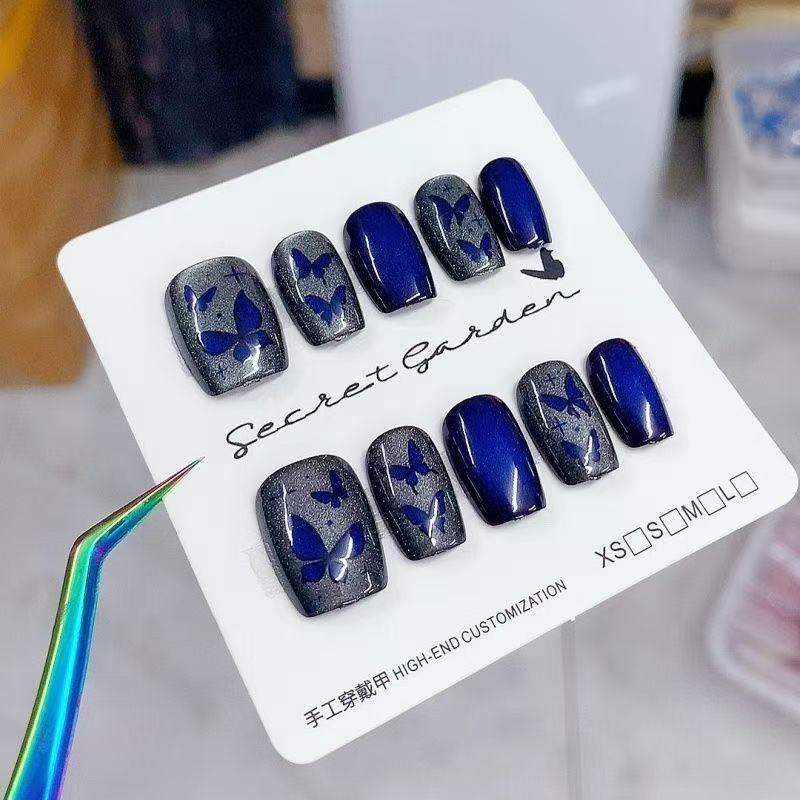 Midnight Morpho Press On Nails - Iridescent Cat Eye & Dark Butterfly Wings (10Pcs)