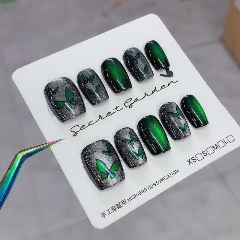 Midnight Morpho Press On Nails - Iridescent Cat Eye & Dark Butterfly Wings (10Pcs)