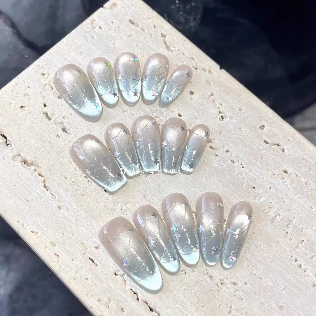 Lunar Halo Press On Nails - Iridescent Cat Eye with Frosted Stars & Moon (10Pcs)