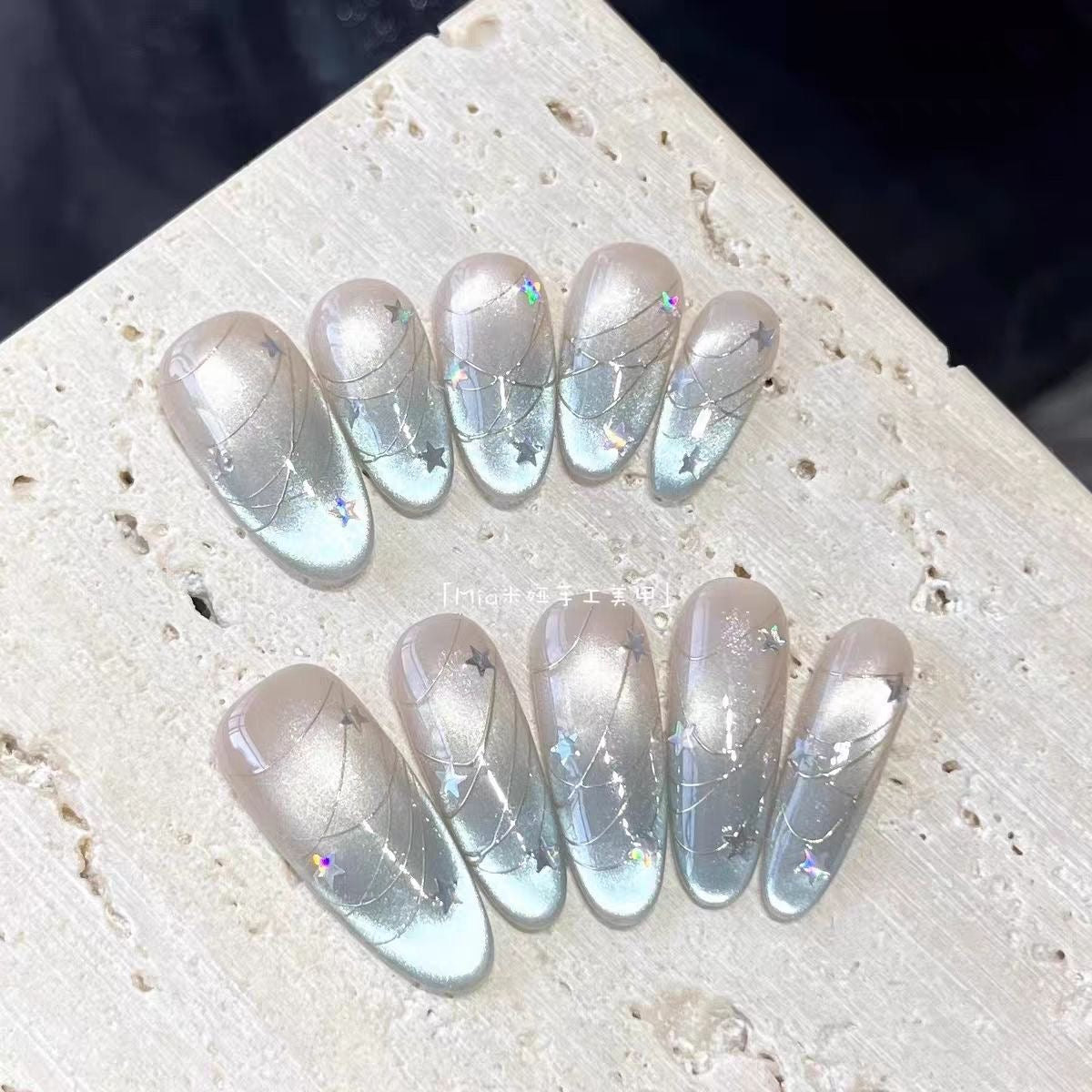 Lunar Halo Press On Nails - Iridescent Cat Eye with Frosted Stars & Moon (10Pcs)