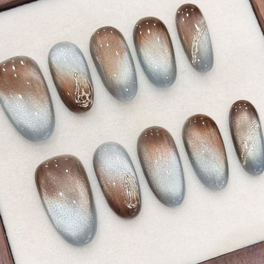 Gilded Twilight Press On Nails - Smoked Bronze & Liquid Gold Cat Eye (10Pcs)