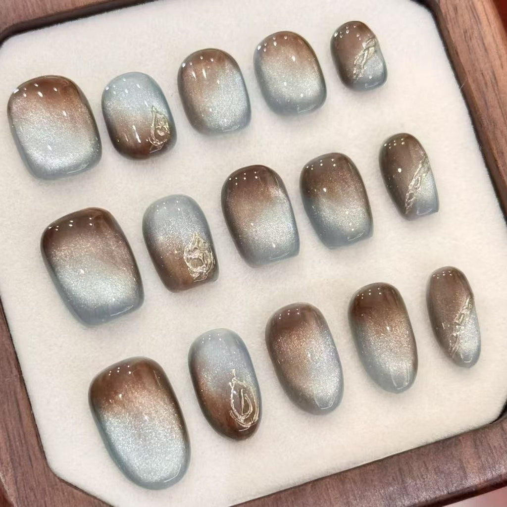 Gilded Twilight Press On Nails - Smoked Bronze & Liquid Gold Cat Eye (10Pcs)