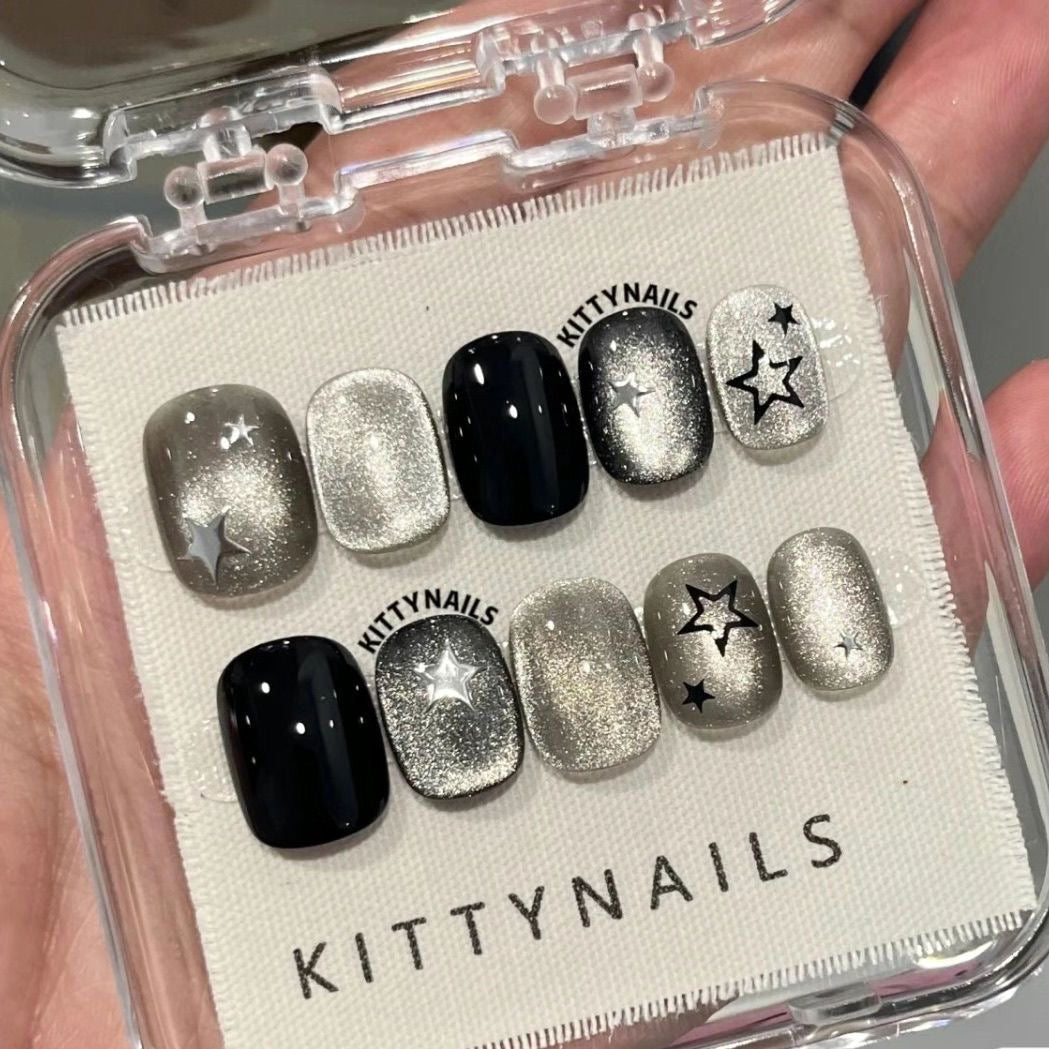Lunar Graphite Press On Nails - Celestial Cat Eye with Starry Accents (10Pcs)