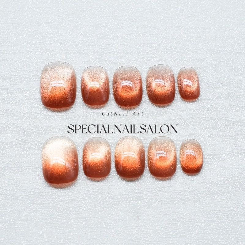 Solar Flare Press On Nails - Citrus Ombré with Shifting Cat Eye Glow (10Pcs)