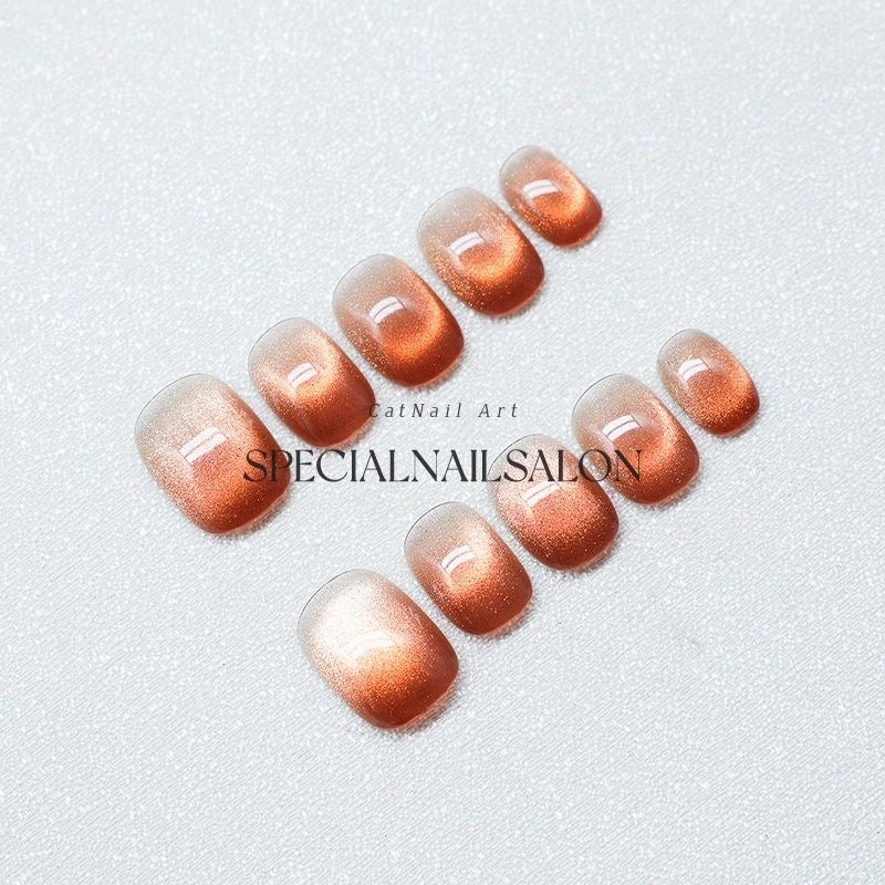 Solar Flare Press On Nails - Citrus Ombré with Shifting Cat Eye Glow (10Pcs)