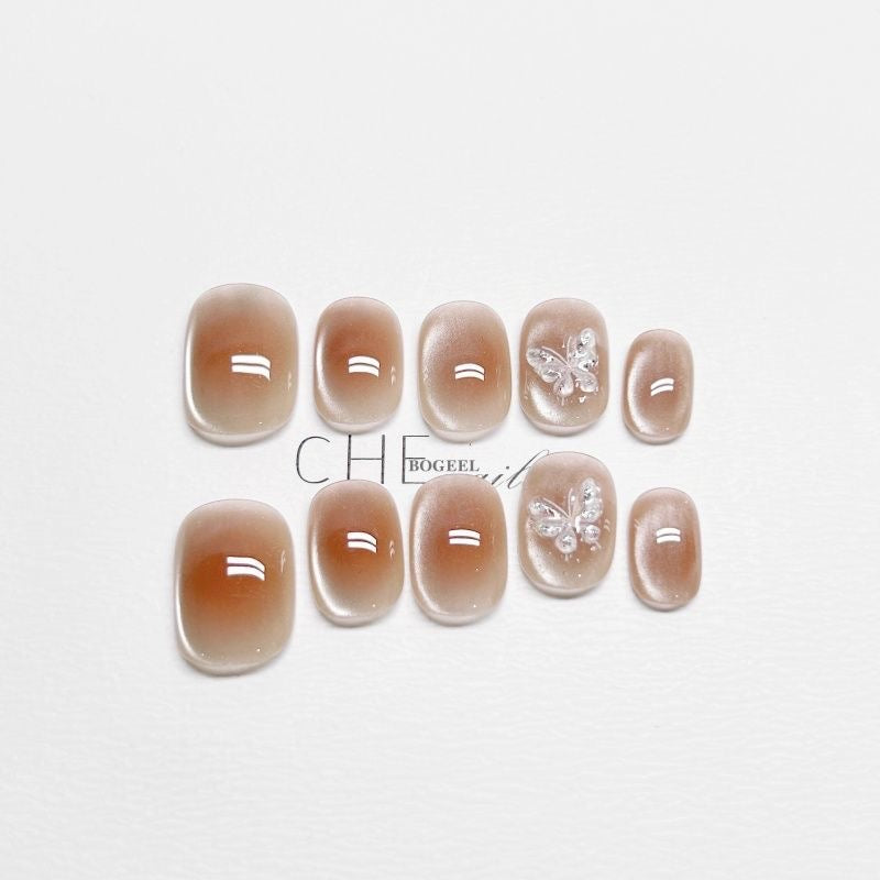 Blush Veil Press On Nails - Pearlwing Butterflies & Petal Soft Glow (10Pcs)