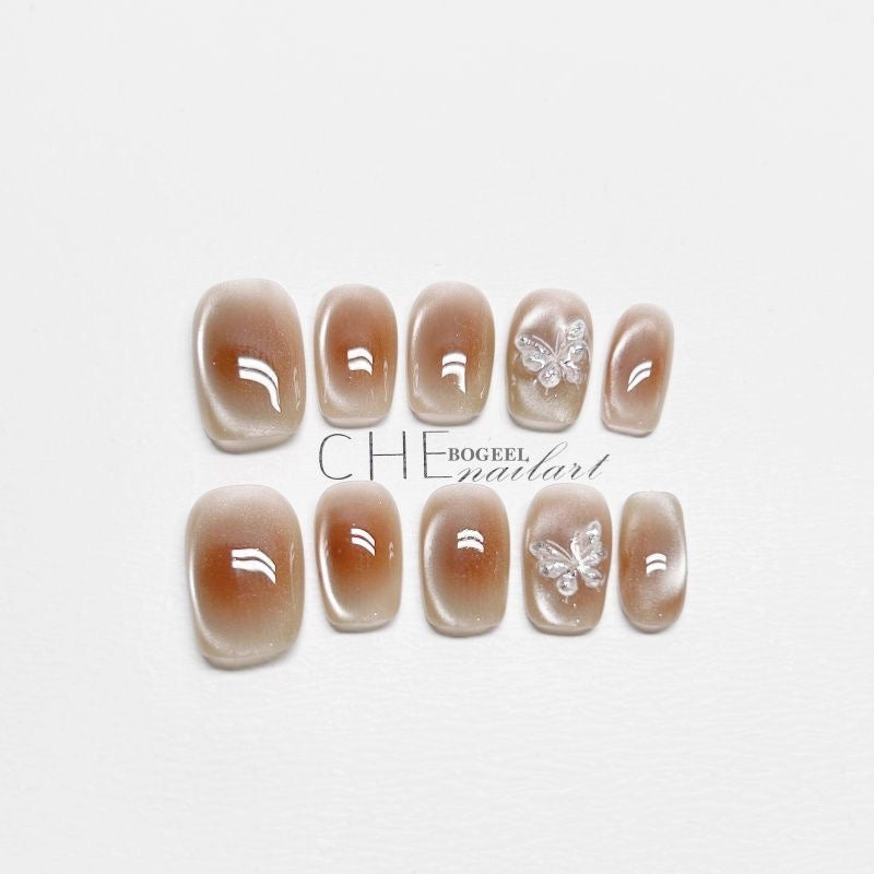 Blush Veil Press On Nails - Pearlwing Butterflies & Petal Soft Glow (10Pcs)