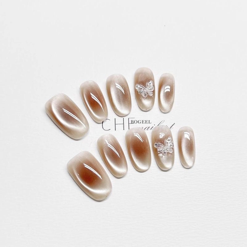 Blush Veil Press On Nails - Pearlwing Butterflies & Petal Soft Glow (10Pcs)