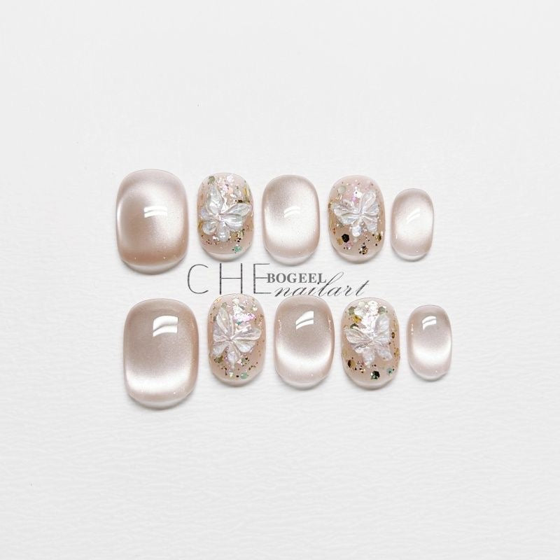 Luminous Lepidoptera Press On Nails - Shimmering Wings & Opal Cat Eye (10Pcs)