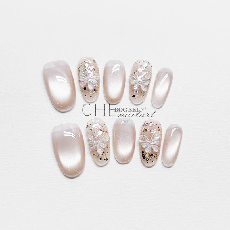 Luminous Lepidoptera Press On Nails - Shimmering Wings & Opal Cat Eye (10Pcs)