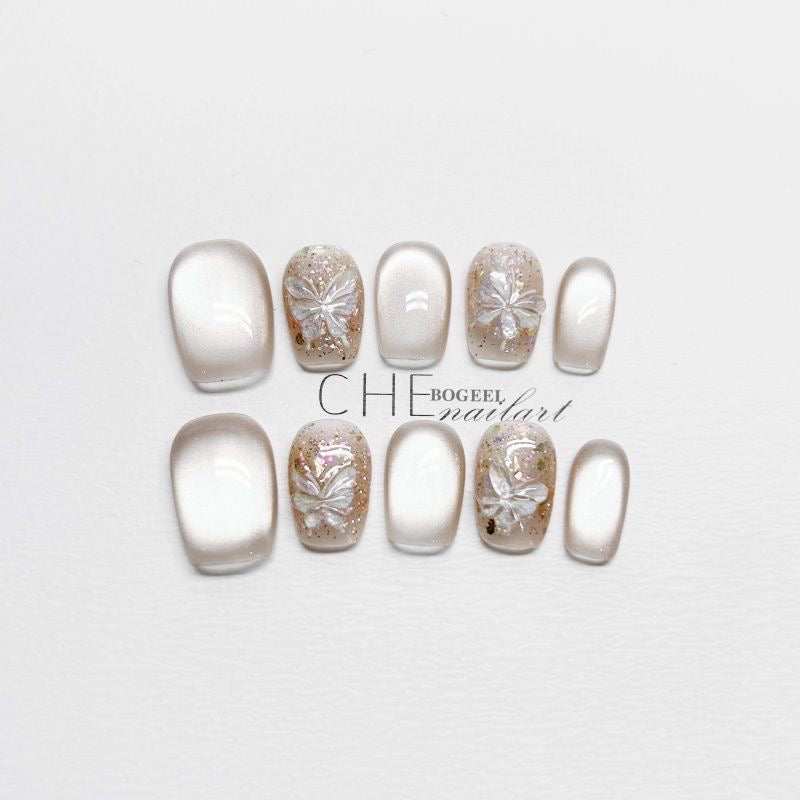 Luminous Lepidoptera Press On Nails - Shimmering Wings & Opal Cat Eye (10Pcs)