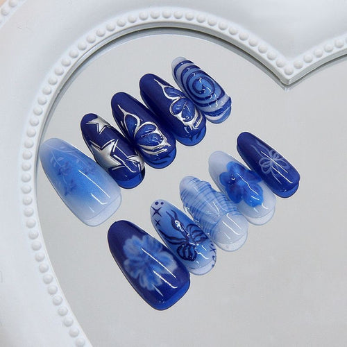 Abyssal Bloom Press On Nails - Sapphire Depths & Crystal Coral Gardens (10Pcs)