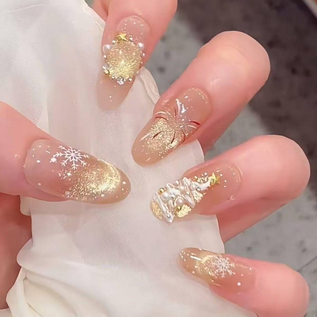 Starlight Serenade Press On Nails - Iridescent Snow & Pearl Tree Glow (10Pcs)