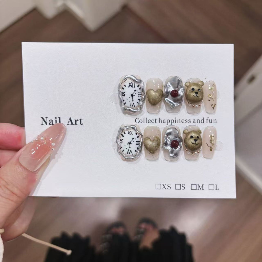 Surrealist Snack Press On Nails - Doodle Clock & Golden Hamster (10Pcs)