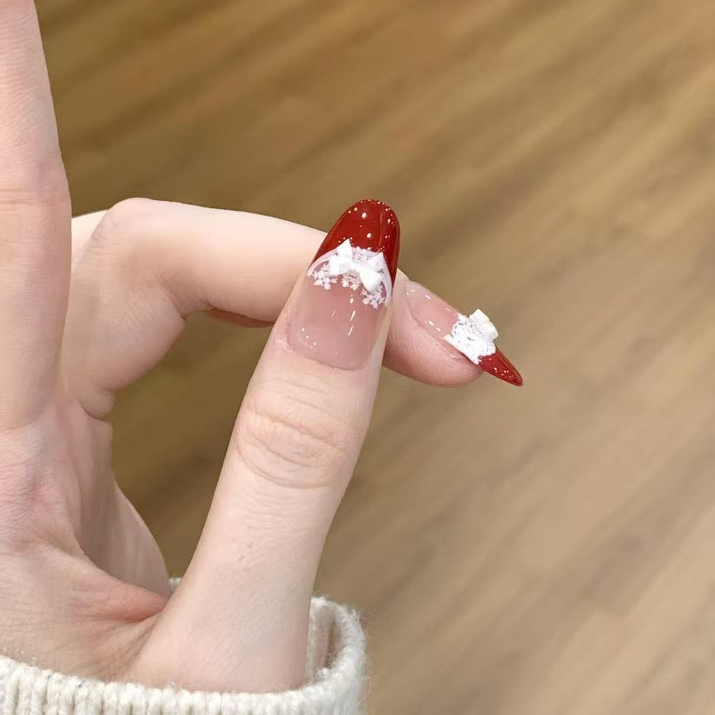 Encore Rêverie Press On Nails - Lace Hearts & Silk Bow (10Pcs)