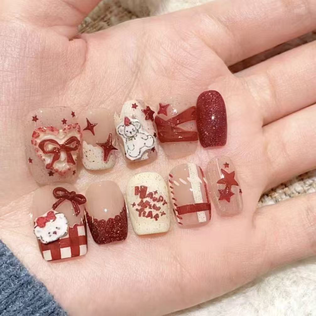 Crimson Celebration Press On Nails - Silk Bow & Prosperity Glow (10Pcs)