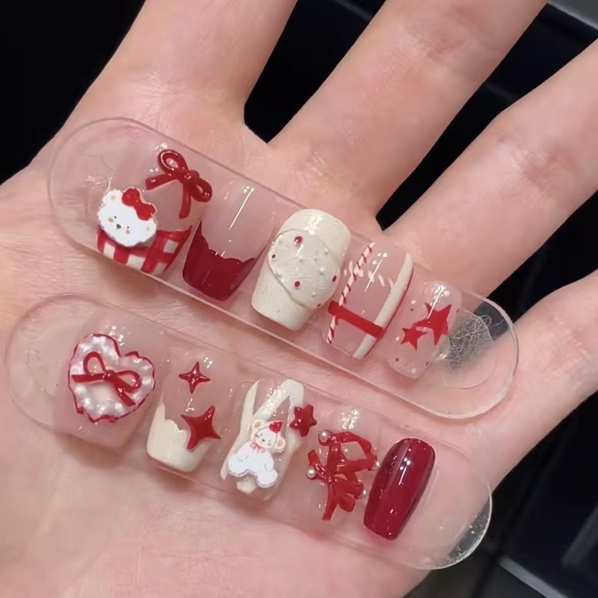 Crimson Celebration Press On Nails - Silk Bow & Prosperity Glow (10Pcs)