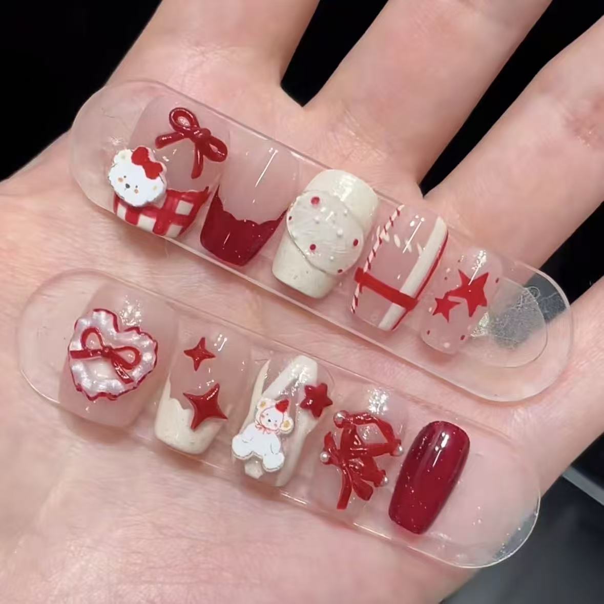 Crimson Celebration Press On Nails - Silk Bow & Prosperity Glow (10Pcs)