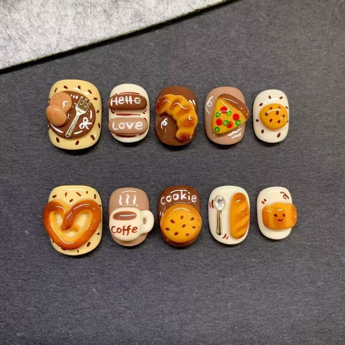 Café Snuggle Press On Nails - 3D Latte Art & Bakery Pals (10Pcs)